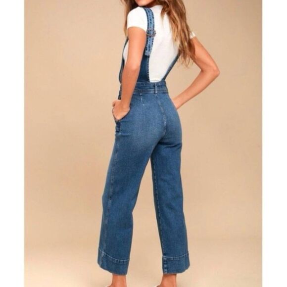 Free People Overalls Women's 4 Blue A-Line V Neck Wide Leg Cropped Stretch - Picture 6 of 8